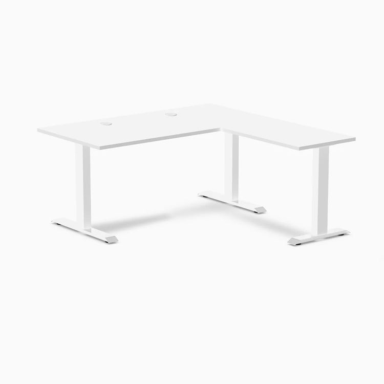 White Desky Zero Laminate L-shape office desk with steel frame and grommets.