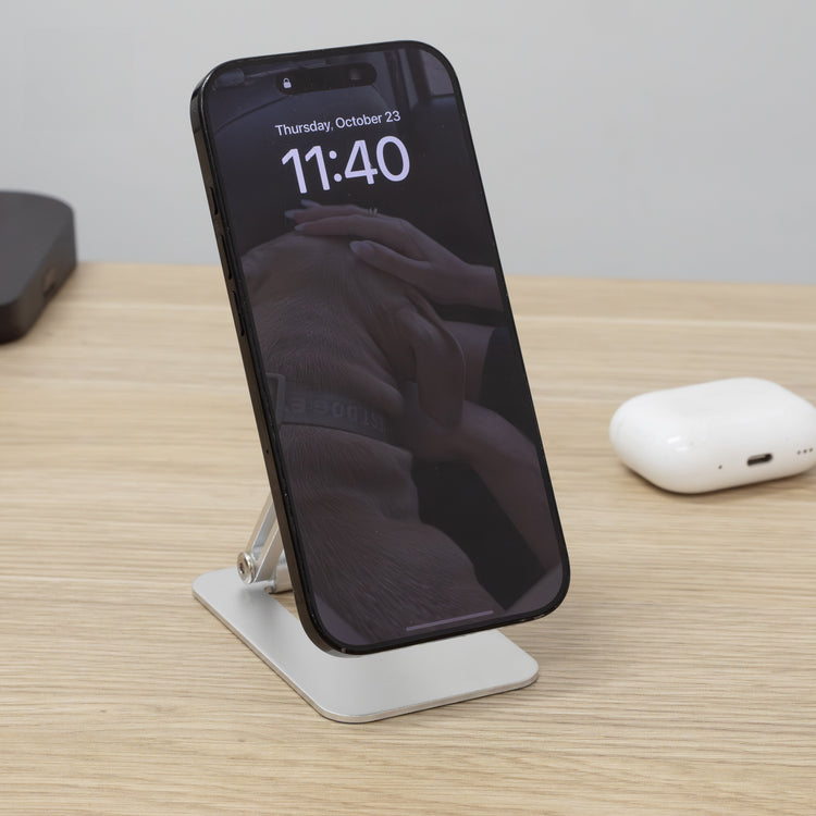 Smartphone on a stand with a blurred background