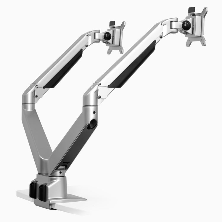 Silver dual monitor arm set up