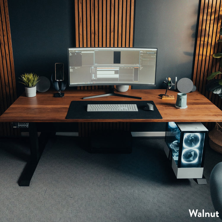Desky Dual Walnut Hardwood Sit Stand Desk Office Setup