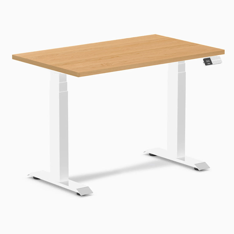 Desky Dual Mini Hardwood Sit Stand Desk with maple top and white frame, showing digital control panel.