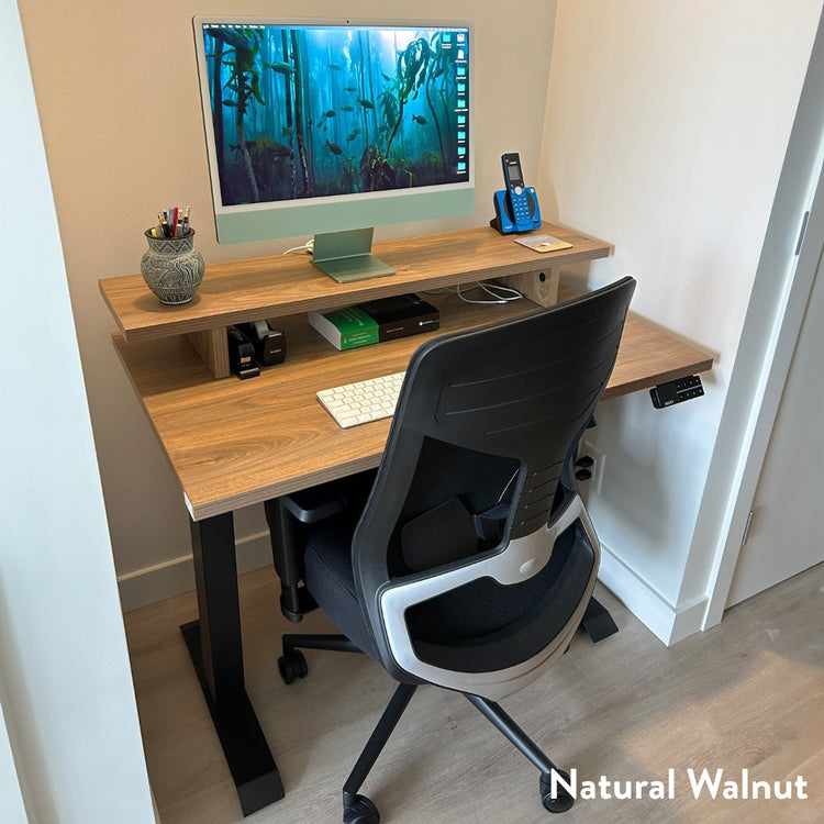 Desky Dual Mini Sit Stand Desk - natural walnut setup