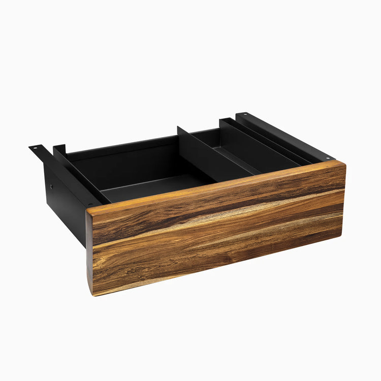 Desky Minimal Under Desk Drawer with Pheasantwood hardwood front and black metal frame, open to show compartments.