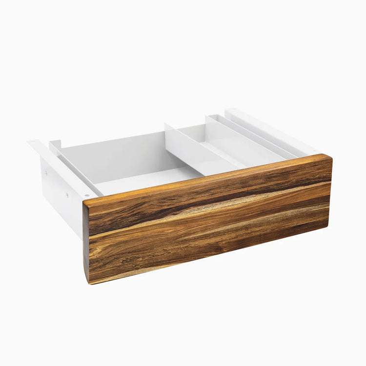 Minimal under-desk drawer with a Pheasantwood hardwood front panel and white interior.