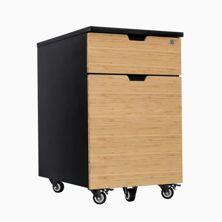 Desky black and bamboo wooden filing cabinet with two drawers, one lockable, on casters.