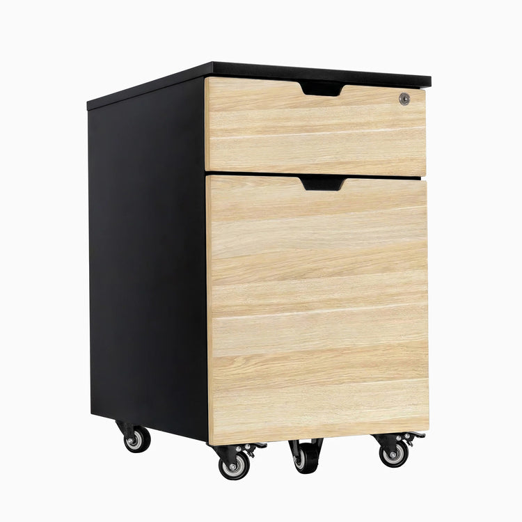 Black Desky wooden minimal filing cabinet with classic oak laminate drawers and casters.