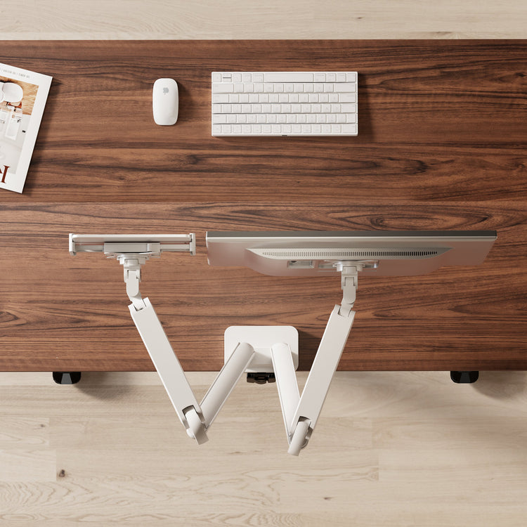 Desky Universal VESA Tablet Holder angle from above with monitor arm and dual monitor set up