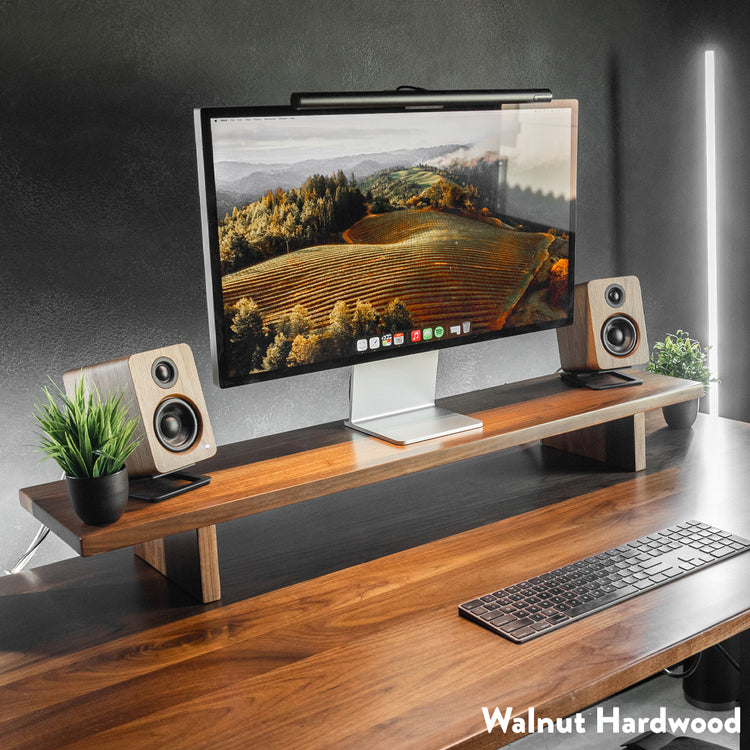 desky wooden monitor stand setup