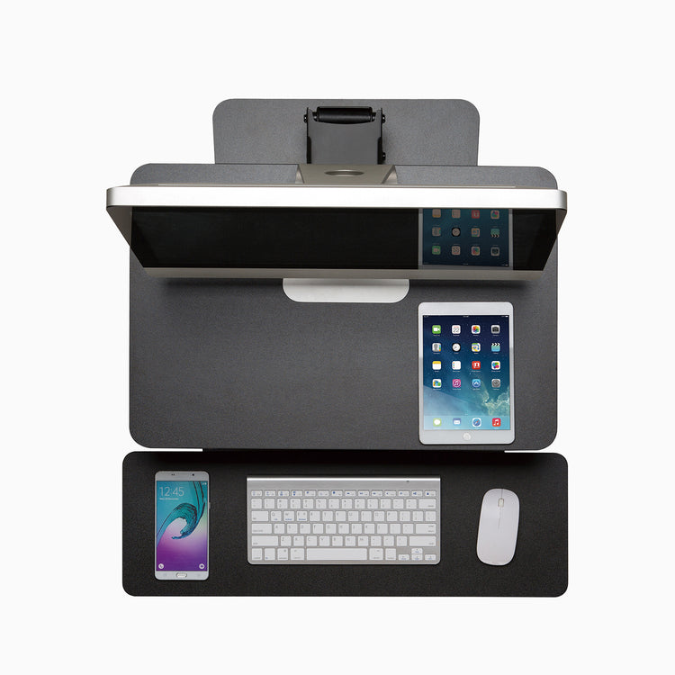 Desky Zero Standing Desk Converter set up with phone and monitor