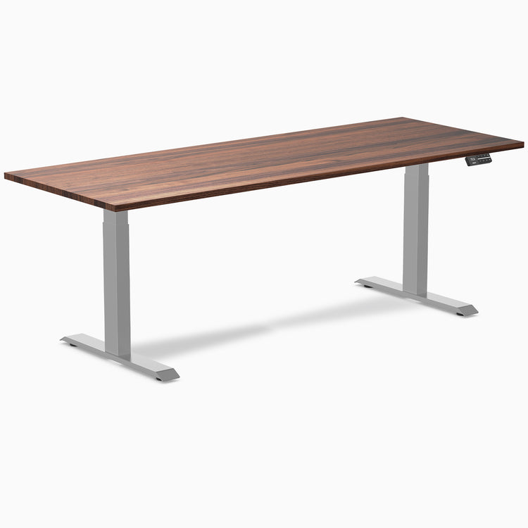 Desky Dual Walnut Hardwood Sit Stand Desk with grey frame