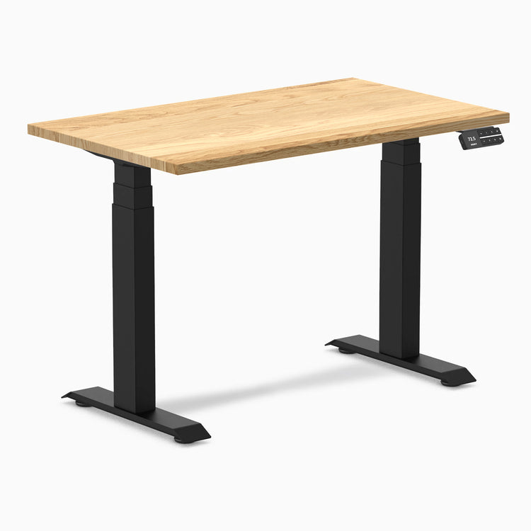 Desky Dual Mini Hardwood Sit Stand Desk with white oak top, matte black frame, and digital controller.