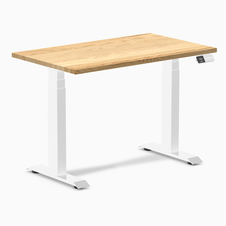 Desky Dual Mini Hardwood Sit Stand Desk with white oak top and white frame, 40x24 inches.