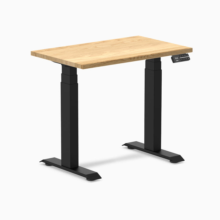 Desky Dual Mini Hardwood Sit Stand Desk, 32x20 inch White Oak top, Matte Black frame, control panel.