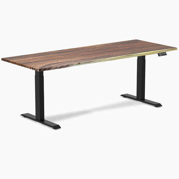 Desky Dual Saman Hardwood Sit Stand Desk with black frame