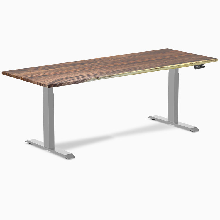 Desky Dual Saman Hardwood Sit Stand Desk with grey frame