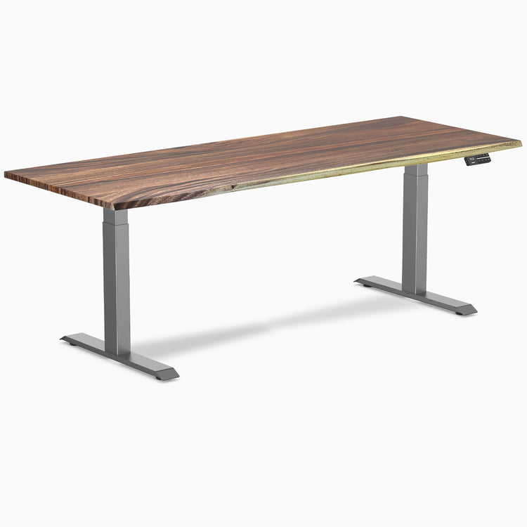 Desky Dual Saman Hardwood Sit Stand Desk with space grey frame