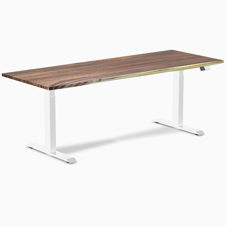 Desky Dual Saman Hardwood Sit Stand Desk with white frame