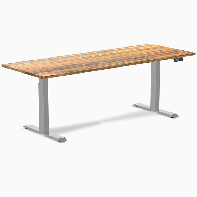 Desky Dual Teak Hardwood Sit Stand Desk with grey frame