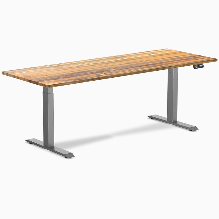 Desky Dual Teak Hardwood Sit Stand Desk with space grey frame