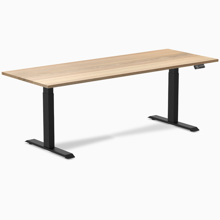 Desky Dual White Ash Hardwood Sit Stand Desk with black frame