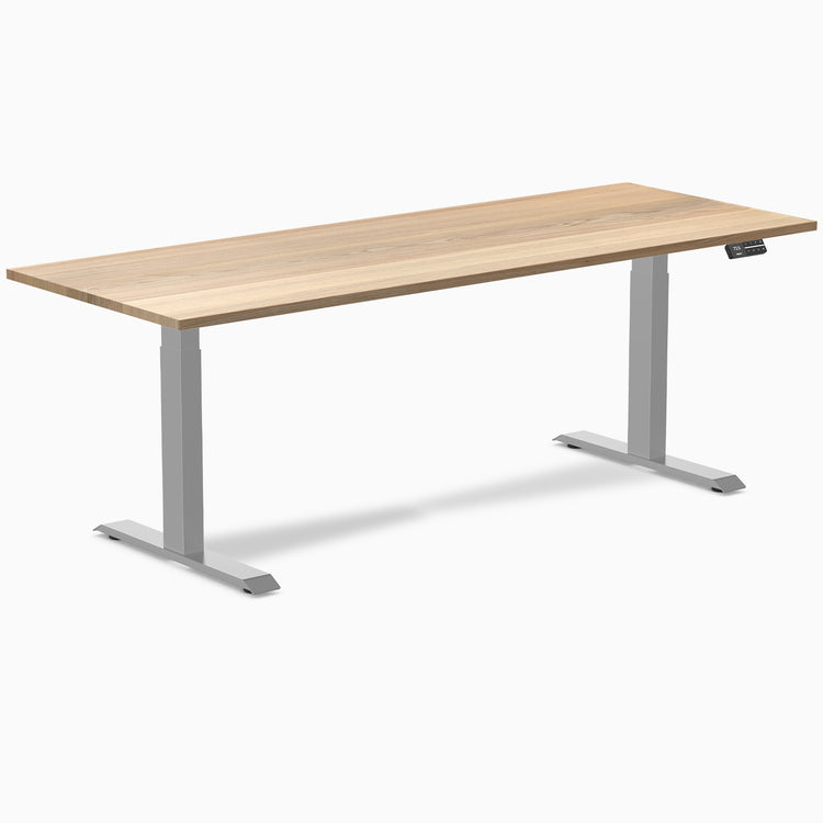 Desky Dual White Ash Hardwood Sit Stand Desk with grey frame