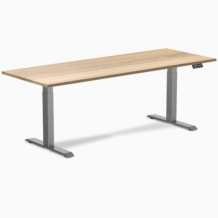 Desky Dual White Ash Hardwood Sit Stand Desk with space grey frame