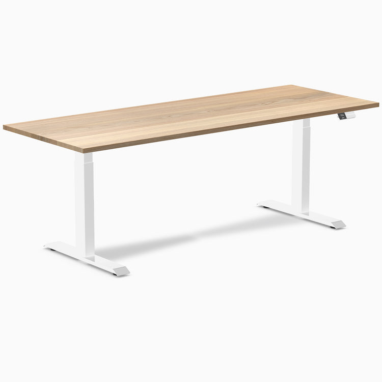 Desky Dual White Ash Hardwood Sit Stand Desk with white frame
