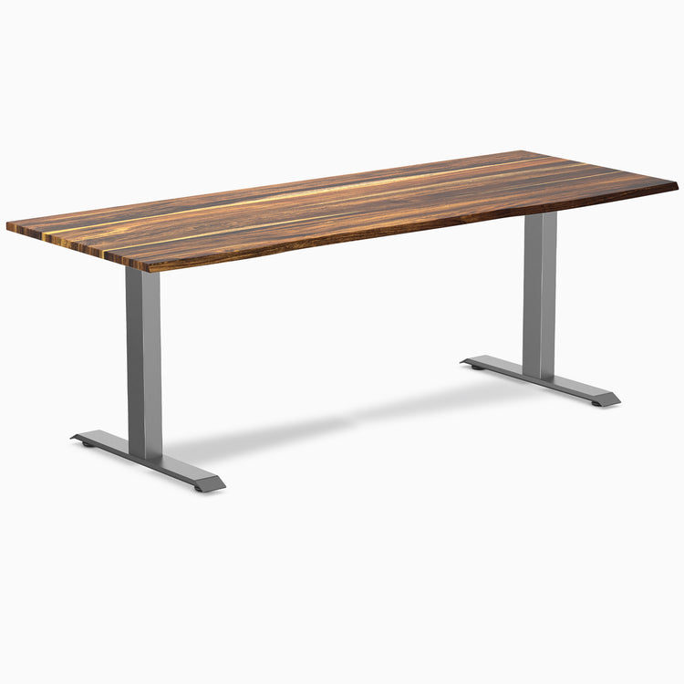 Desky Zero 80x30 inch Pheasantwood hardwood office desk with a space gray steel frame.