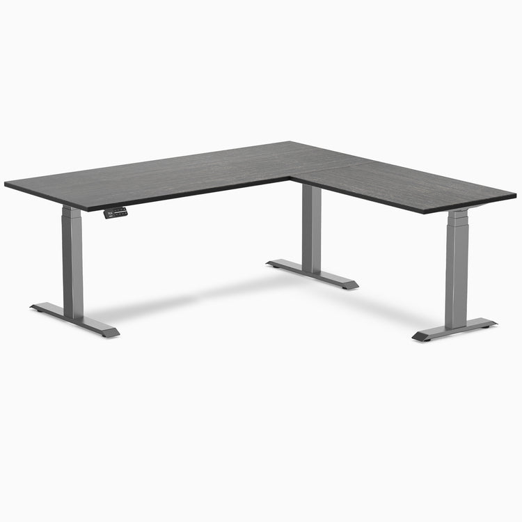 Desky Dark Bamboo L-Shape Sit Stand Desk 1800mm with space grey frame