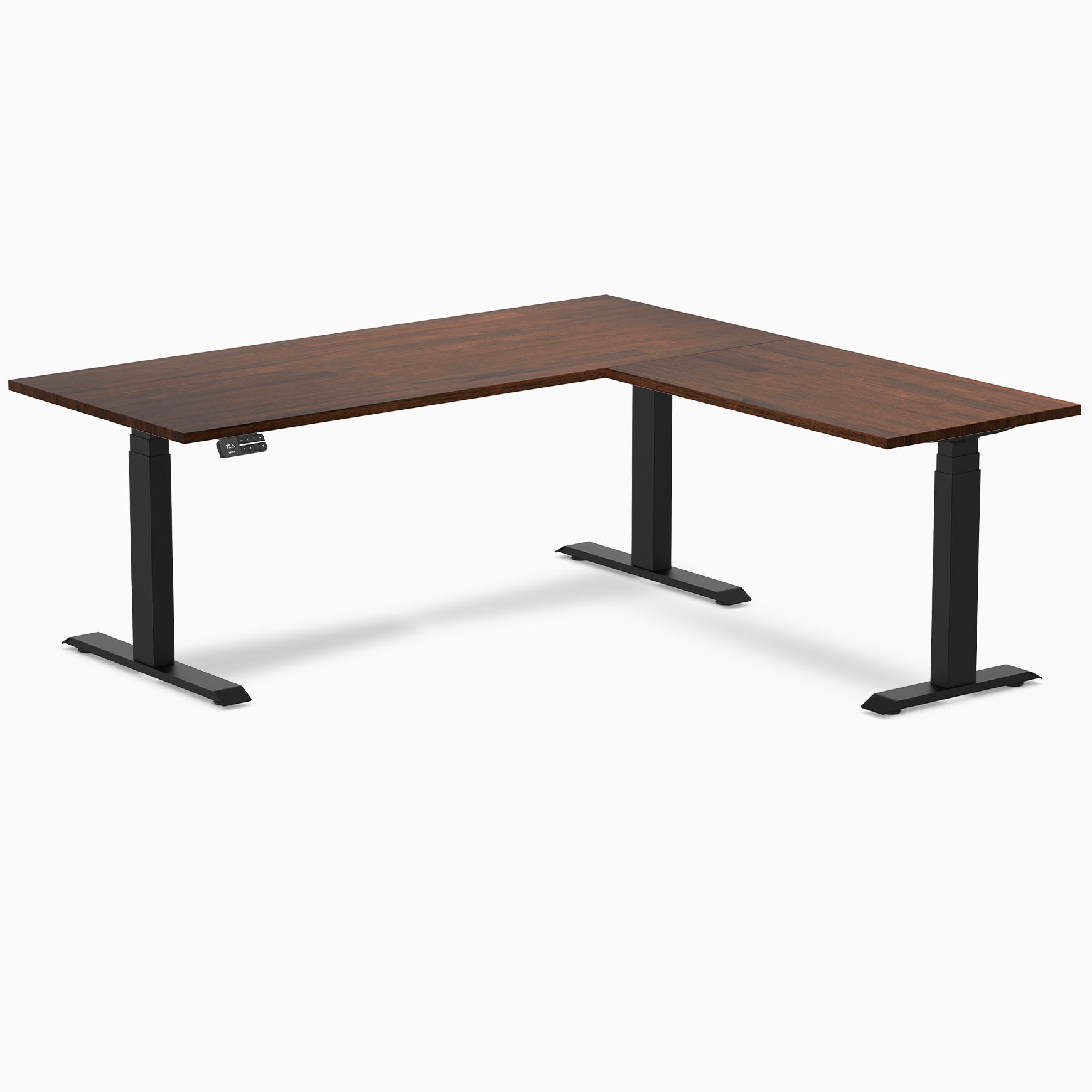 Desky Rubberwood L-Shape Sit Stand Desk - Red Walnut / 72 x 30 x 70 x 24 in / Matte Black, image size:1740x1740