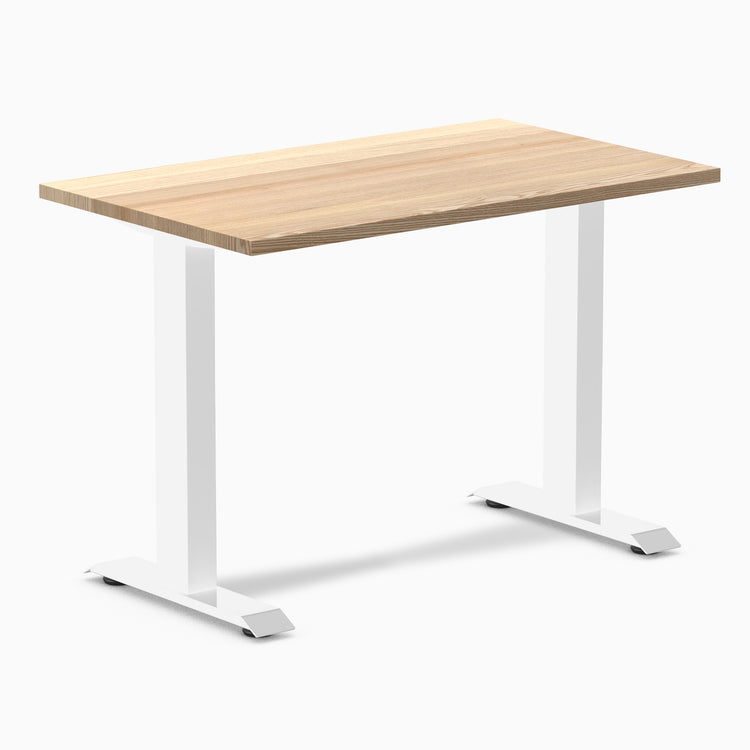 Desky Zero Mini hardwood desk with White Ash top and white steel frame.