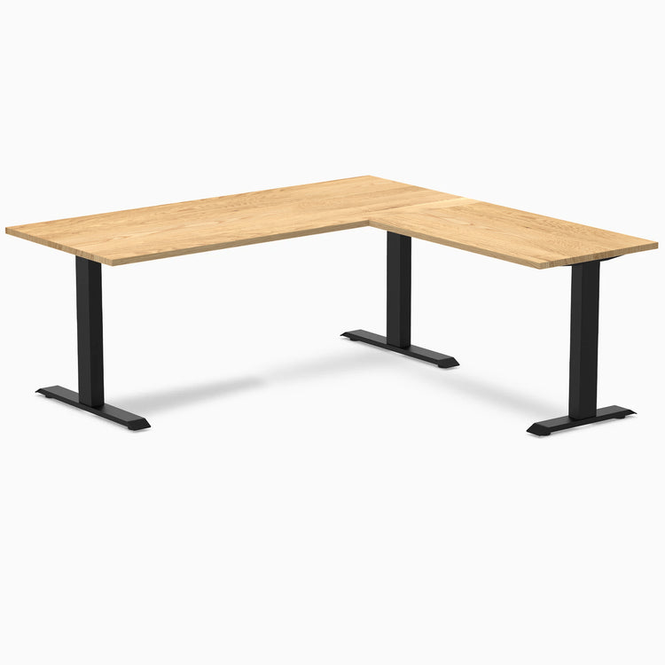 Desky Zero L-Shape Office Desk with White Oak hardwood top and matte black steel frame.