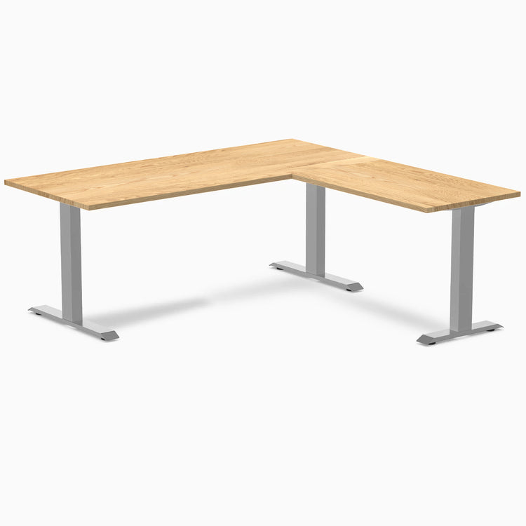 Desky Zero L-Shape Office Desk with White Oak hardwood top and gray steel frame.