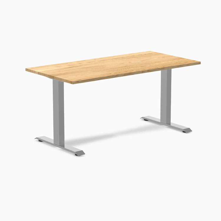 Desky Zero fixed-height office desk with White Oak hardwood top and gray steel frame.