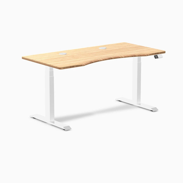 Desky Dual Ergo Edge Sit Stand Desk, Bamboo desktop, White frame