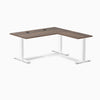 Desky Zero L-shape office desk with Jarrah Legno laminate top, white steel frame, and grommets.
