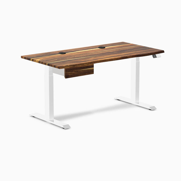 Desky Dual Hardwood Standing Desk With Drawer, Pheasantwood desktop, White frame