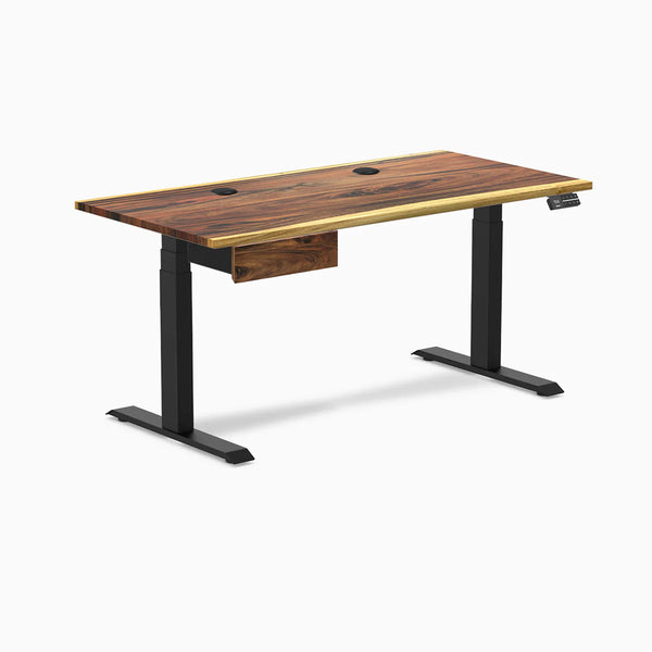 Desky Dual Hardwood Standing Desk With Drawer, Saman desktop, Matte Black frame