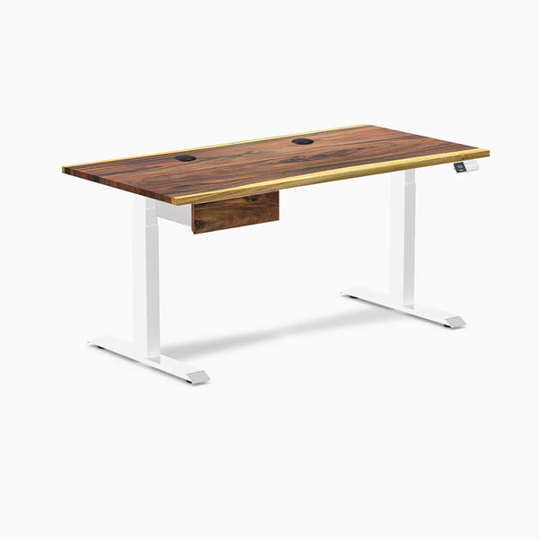 Desky Dual Hardwood Standing Desk With Drawer, Saman desktop, White frame