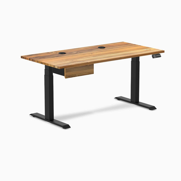Desky Dual Hardwood Standing Desk With Drawer, Teak desktop, Matte Black frame