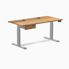 Desky Dual Hardwood Standing Desk With Drawer, Teak desktop, Gray frame