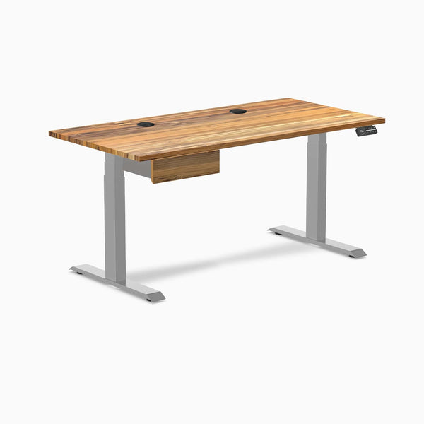Desky Dual Hardwood Standing Desk With Drawer, Teak desktop, Gray frame