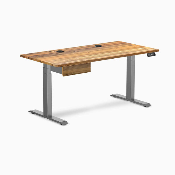 Desky Dual Hardwood Standing Desk With Drawer, Teak desktop, Space Gray frame