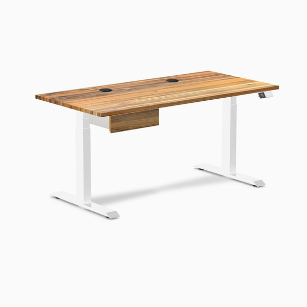 Desky Dual Hardwood Standing Desk With Drawer, Teak desktop, White frame