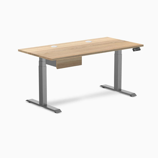 Desky Dual Hardwood Standing Desk With Drawer, White Ash desktop, Space Gray frame
