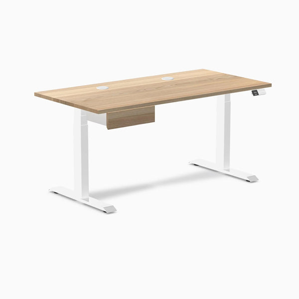 Desky Dual Hardwood Standing Desk With Drawer, White Ash desktop, White frame