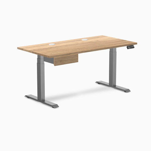 Desky Dual Hardwood Standing Desk With Drawer, White Oak desktop, Space Gray frame
