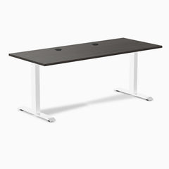 Desky Zero laminate office desk, 70.9x29.5 inch burnished wood top with grommets, white steel frame.