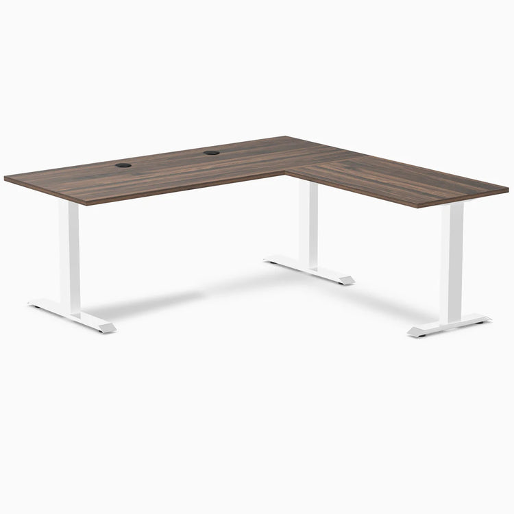 Desky Zero L-shape office desk with Jarrah Legno laminate top, white steel frame, and grommets.