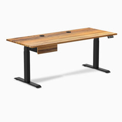 Desky Dual Hardwood Standing Desk With Drawer, Teak desktop, Matte Black frame